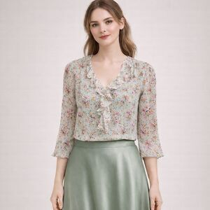 Vintage Sheer Silk Blouse Women Lp Green Chiffon Ruffles Y2K Dainty Fairycore